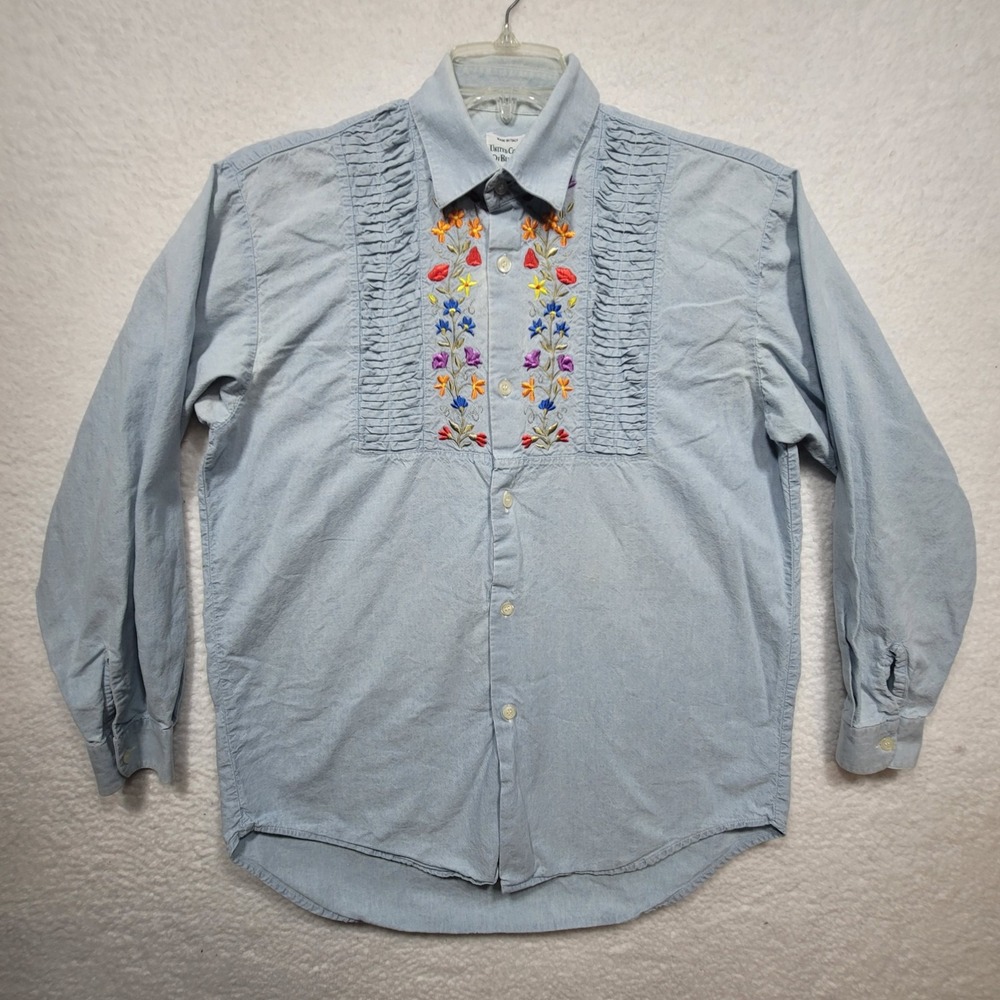 Vintage United Colors of Benetton Chambray Denim Shirt Embroidered Floral